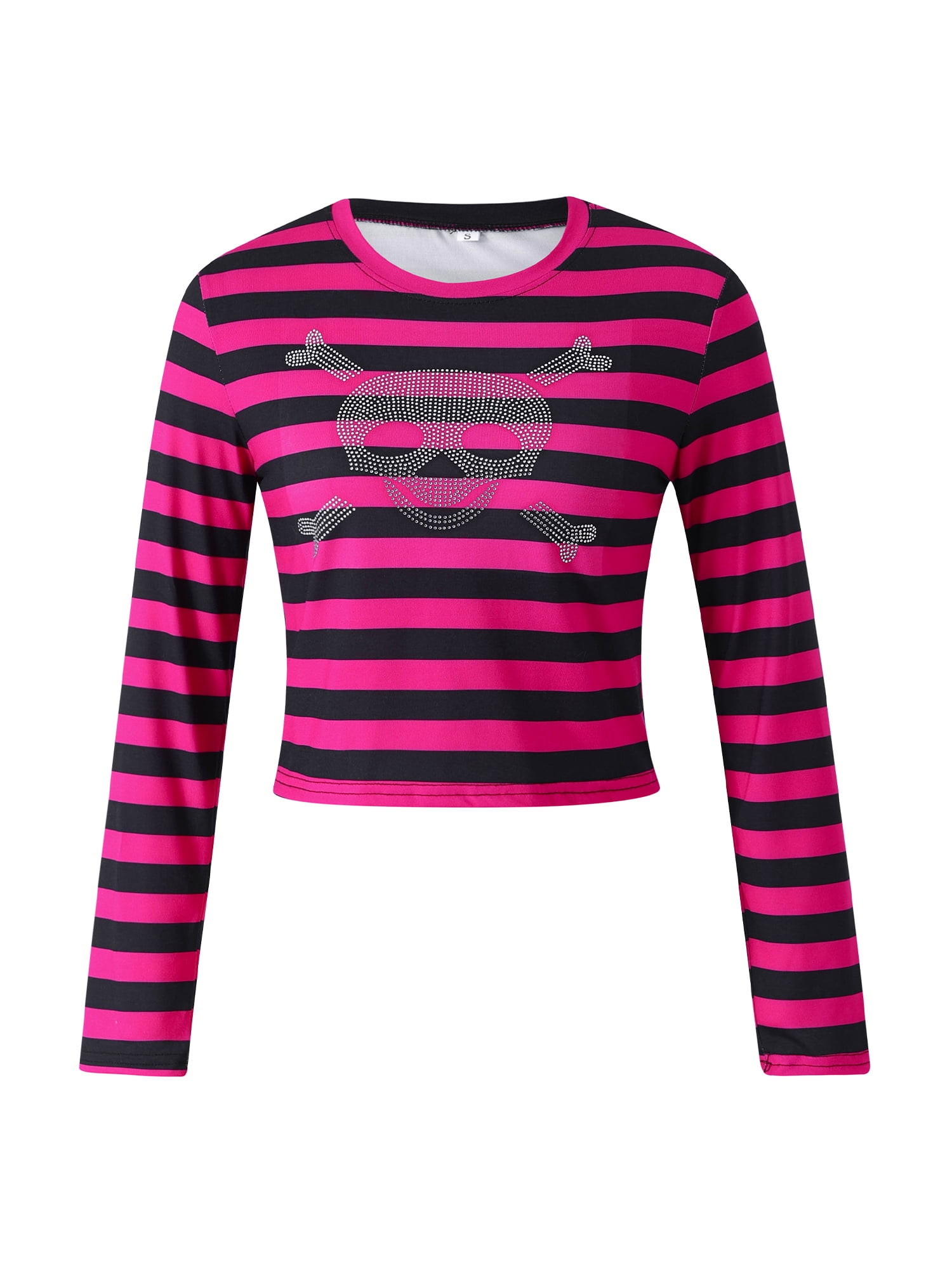Sunisery Women Vintage Stripe Long Sleeve T-shirt Skull Rhinestone Printed  Round Neck Crop Tops Fall Streetwear Pink L