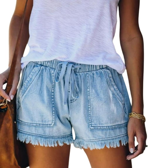 Sunisery Women Washed Denim Shorts Drawstring Elastic Waist Loose Short Jeans