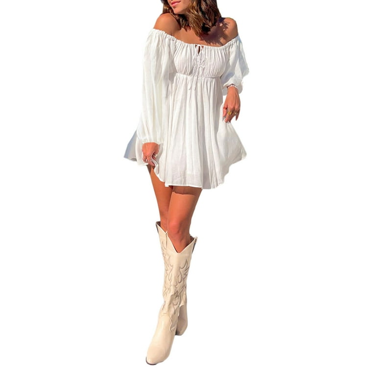 Women Fashion Off Shoulder Flare Sleeve Slash Neck Mini Dress Women Fashion Off Shoulder Flare Sleeve Slash Neck Mini Dress