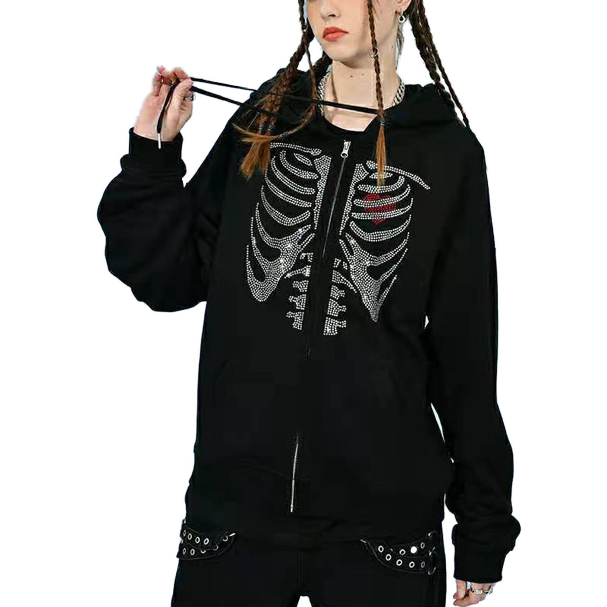 Sunisery Women Y2K Skeleton Zip Up Hoodie Sweatshirt Long Sleeve Oversized  Gothic Hoodie Jacket Vintage Streewear - Walmart.com