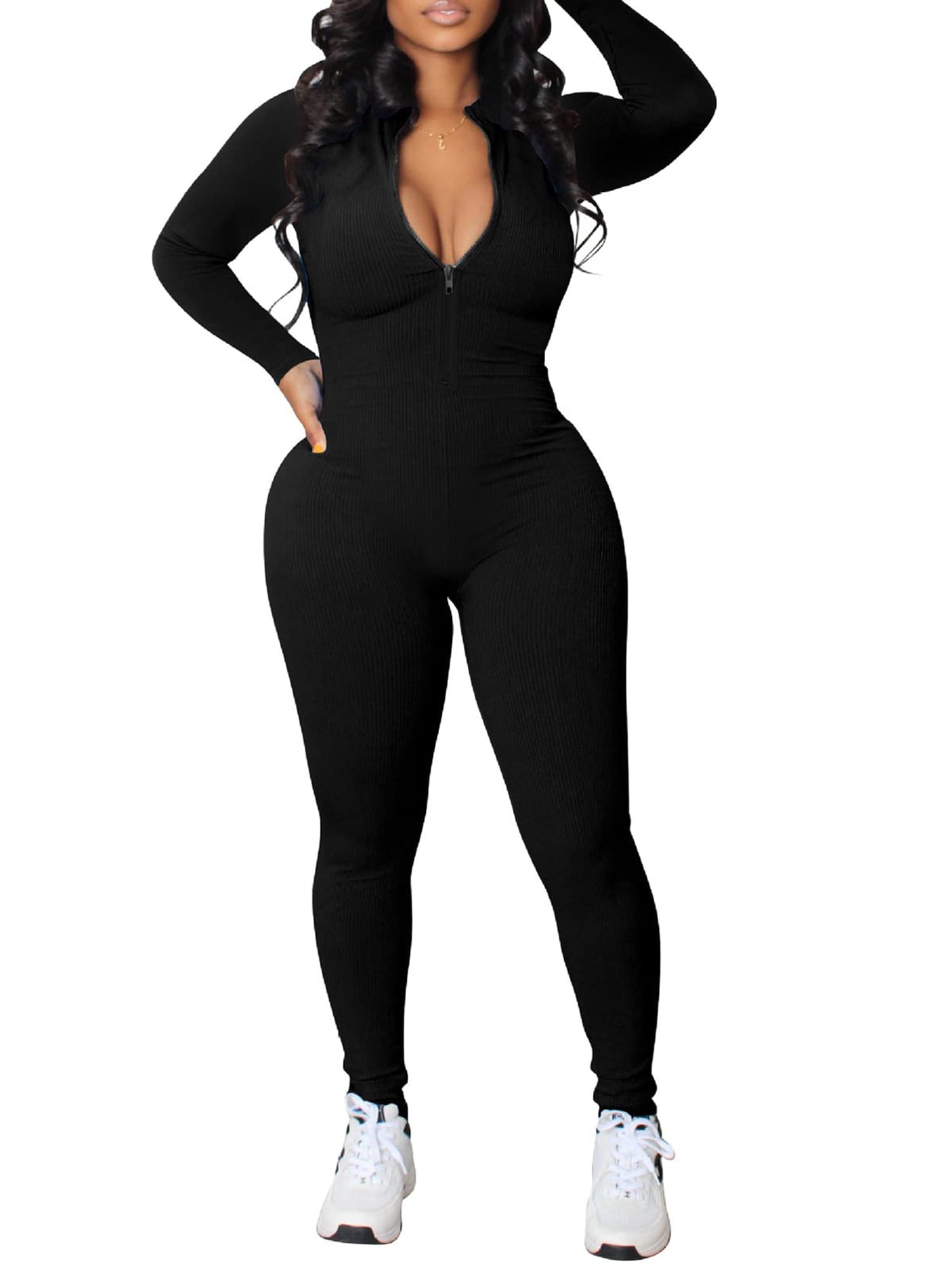 Women's Long Sleeve Zipper Front Seamless Ribbed Stretch Yoga Sport  Jumpsuits Black