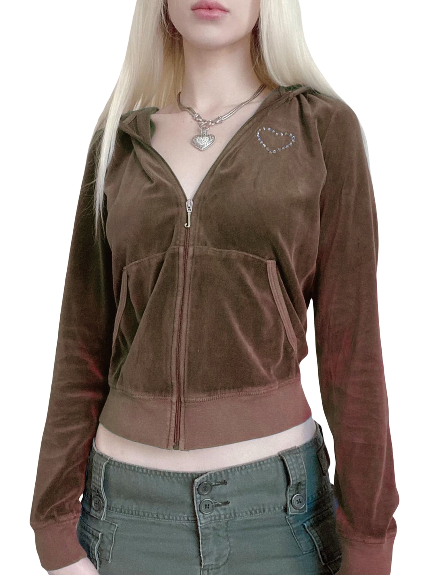 Sunisery Women Zip Up Cropped Hoodies Velvet Hooded Coat Casual Drawstring Y2K Sweatshirt Jacket Walmart