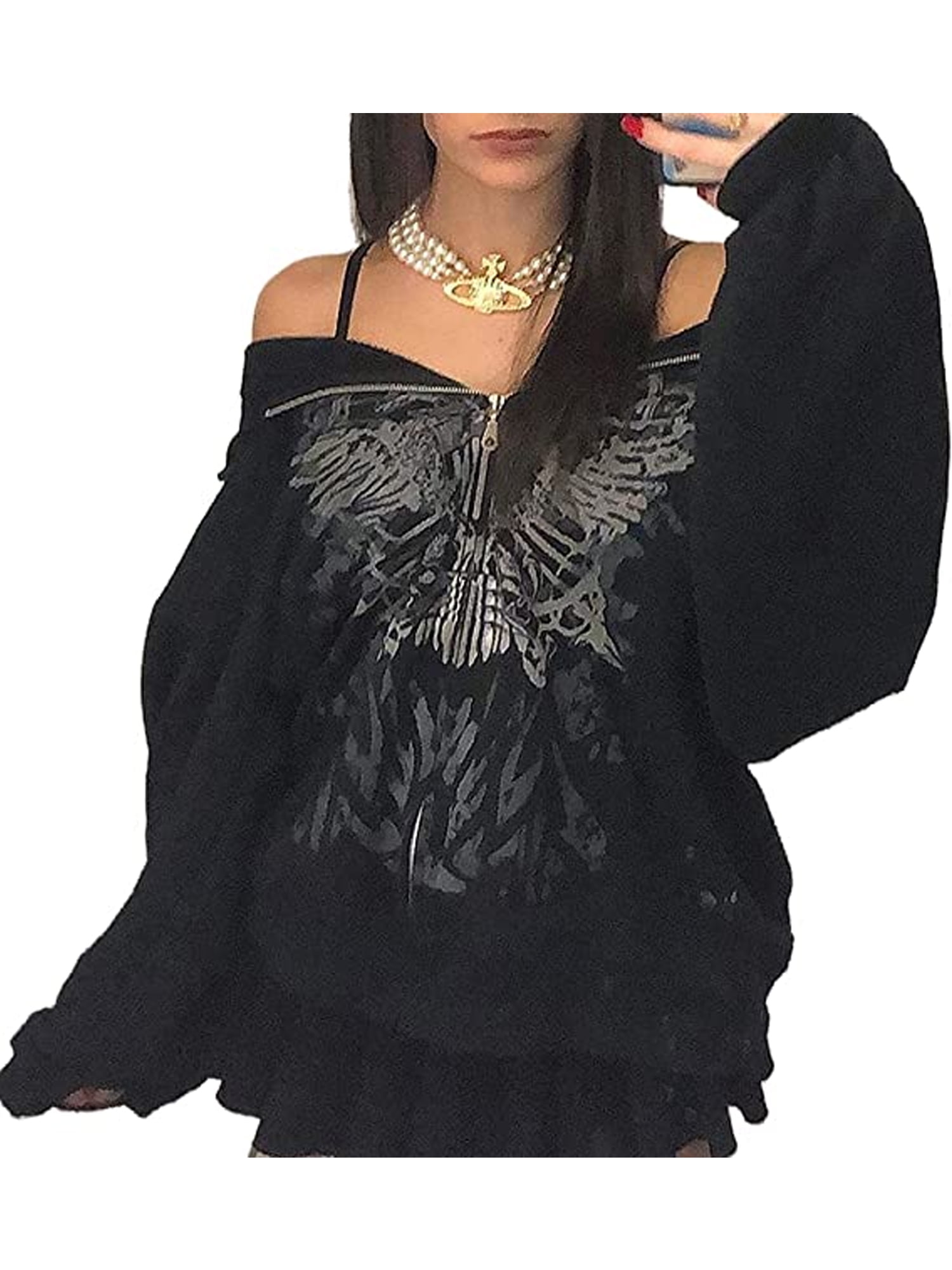 Sunisery Women Zip Up Hoodie Y2k Graphic Oversized Hooded Sweatshirt Jacket Grunge Fairycore Coats Harajuku Streetwear