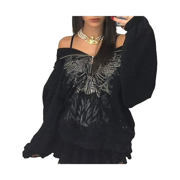 Sunisery Women Zip Up Hoodie Y2k Graphic Oversized Hooded Sweatshirt Jacket Grunge Fairycore Coats Harajuku Streetwear