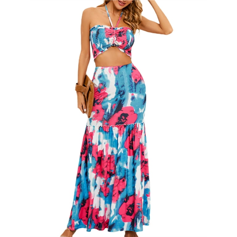 Sunisery Women's 2 Piece Summer Outfits Casual Floral Halter Crop Top High  Waisted Maxi Skirt Set Vacation Boho Beach Dress 