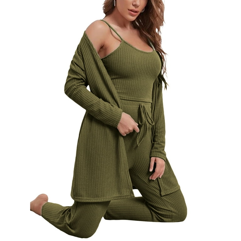 Sunisery Women's 3 Piece Soft Lounge Pajama Set Cami Crop and Top Pants  Cardigan Set，S/M/L 