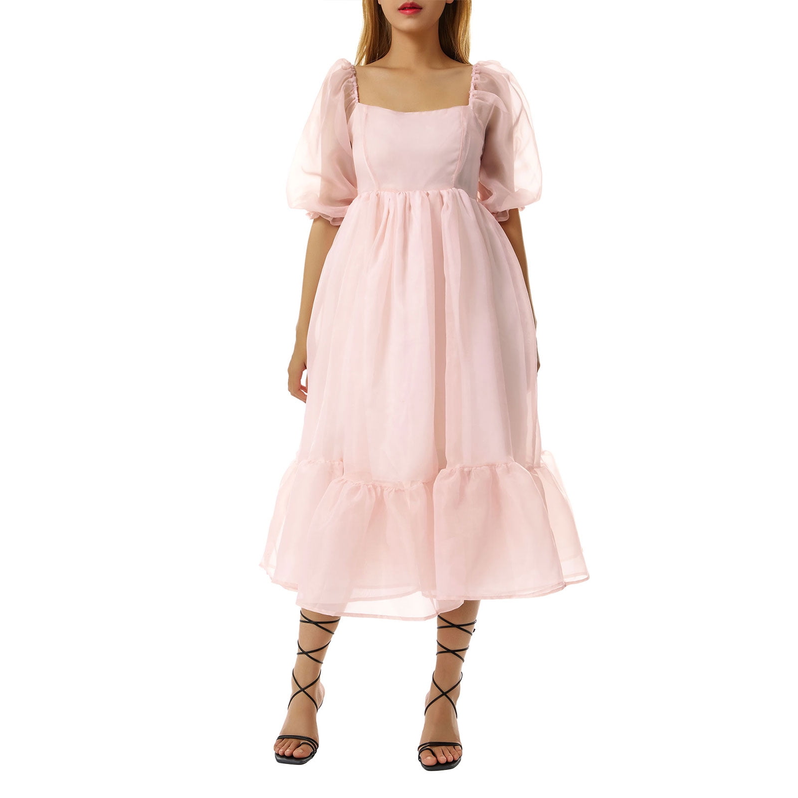 Sunisery Women's A-Line Fluffy Dress Short Puff Sleeve Square Neck Ruffle  Hem Wild Sweet Style Midi Dress Pink M 
