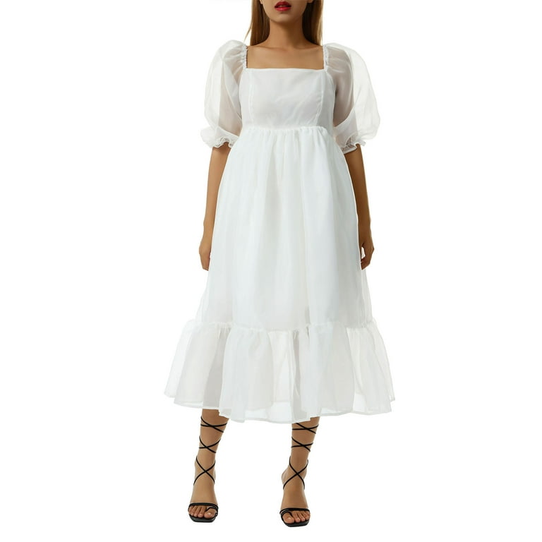 Sunisery Women's A-Line Fluffy Dress Short Puff Sleeve Square Neck Ruffle  Hem Wild Sweet Style Midi Dress White L 