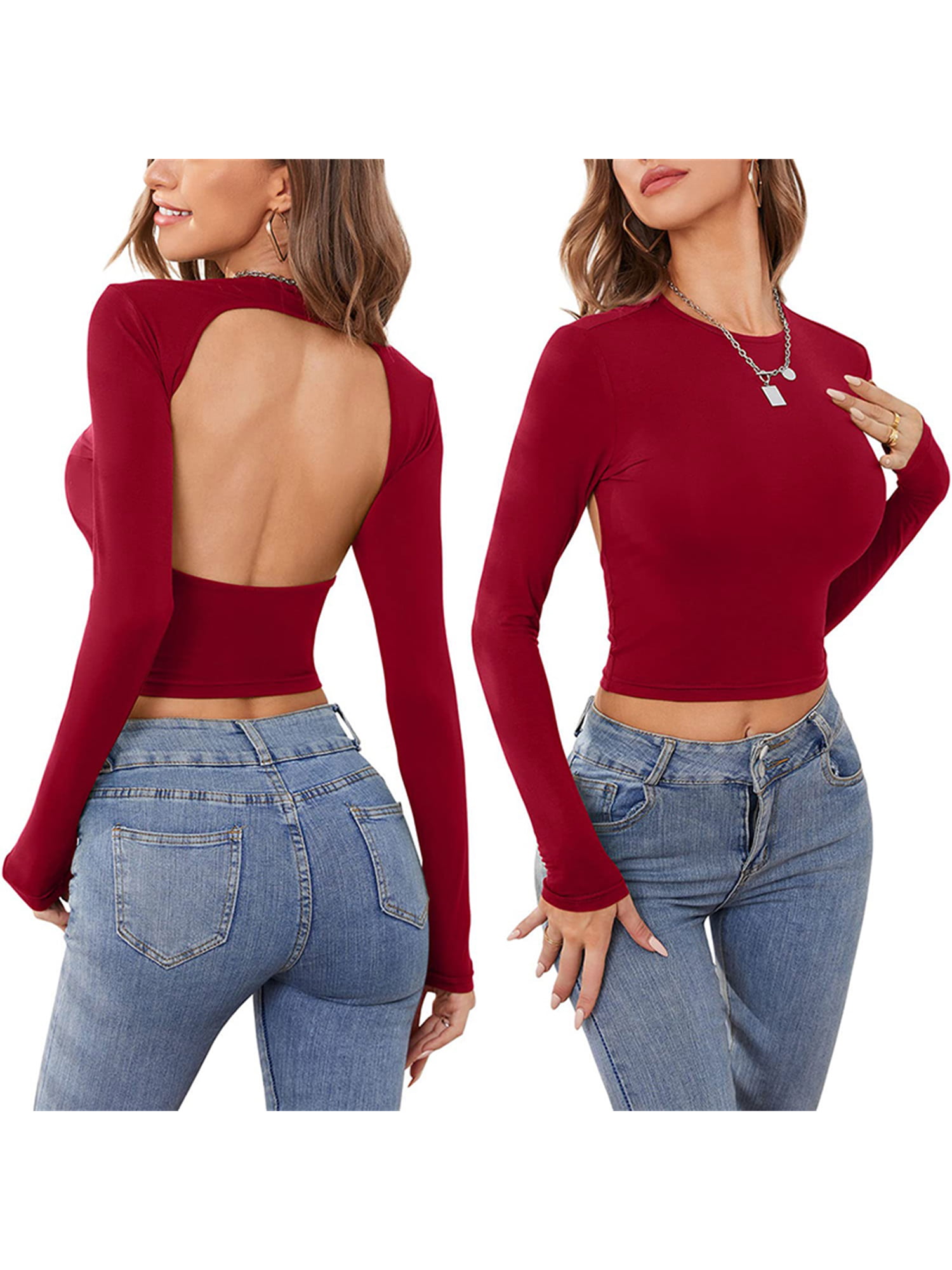 Sexy Backless Long Sleeve Crop Tops for Women Going Out Slim Fitted  Crewneck Workout Autumn Casual Y2K T-Shirts