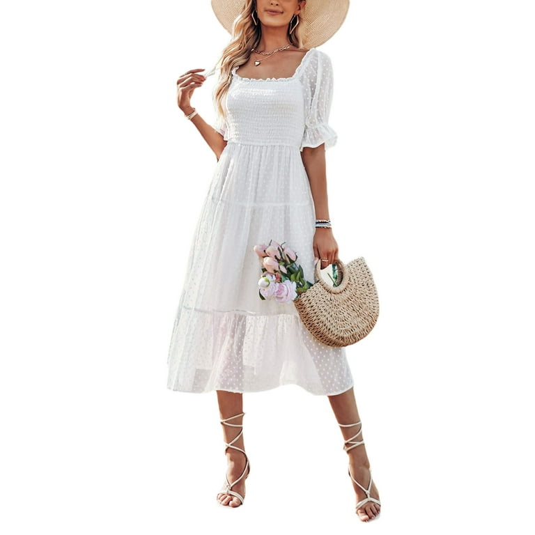 Sunisery Women's Boho Chiffon Maxi Dress Summer Dot Flowy Midi Dress Swiss  Long Dress Summer Holiday Dress 