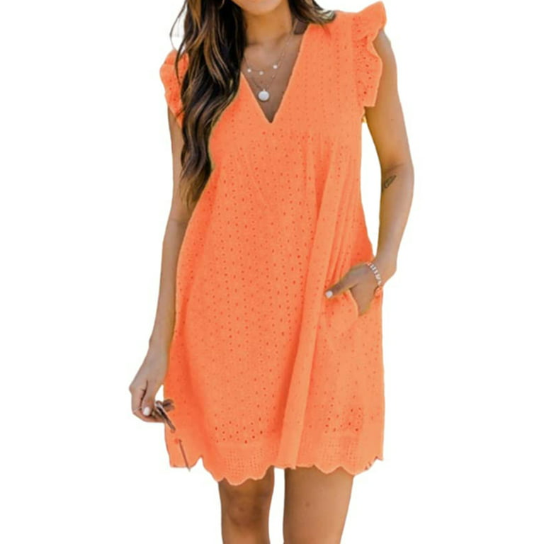 Sunisery Women's California Romper Dress with Pockets and Lined Shorts  Ruffle Sleeve Casual Lace Mini Dress Party Streetwear 