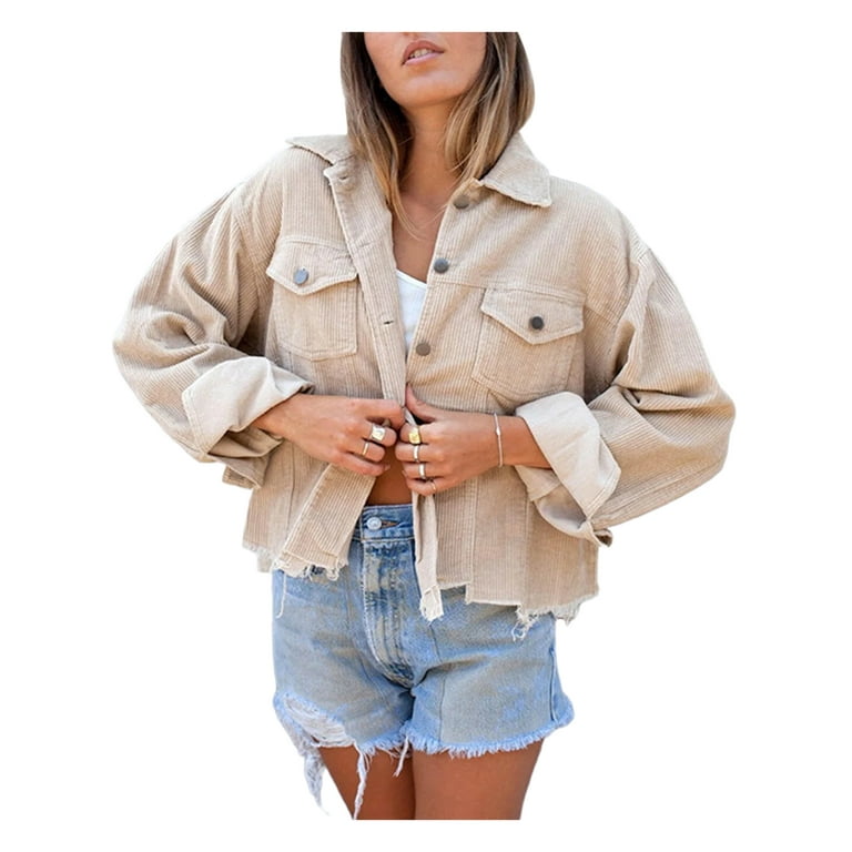 Sunisery Women's Casual Cropped Corduroy Jackets Long Sleeve Button Down  Shirts Solid Irregular Hem Shacket Coat With Pockets 