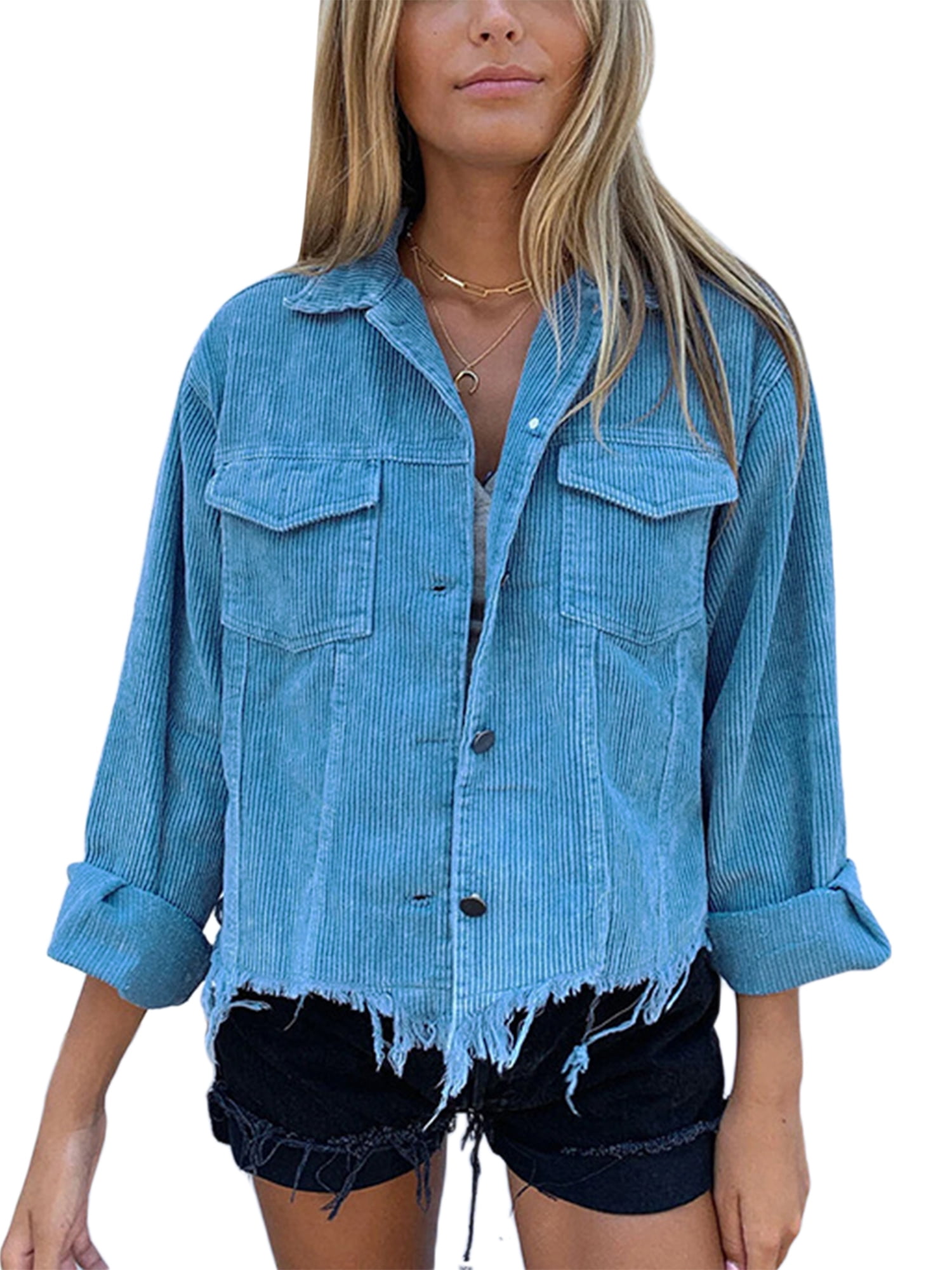 Sunisery Women's Casual Cropped Corduroy Jackets Long Sleeve Button Down  Shirts Solid Irregular Hem Shacket Coat With Pockets 