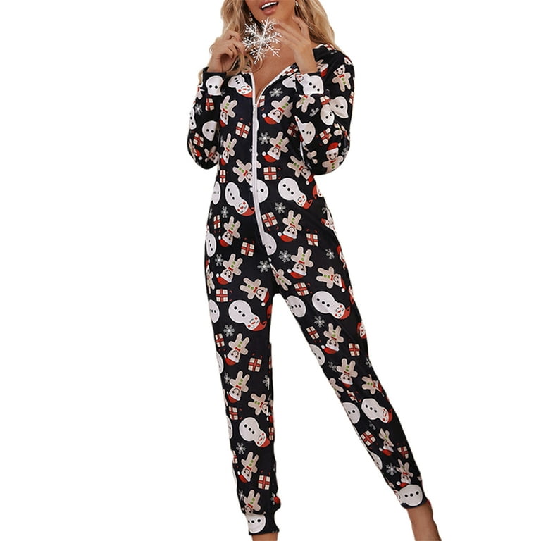Sunisery Women's Christmas Pajamas Snowman Print Zip Up Hooded Jumpsuits  Xmas Sleepwear 