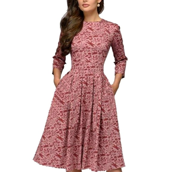Sunisery Women's Floral Midi Dress with Pockets Vintage Elegant Evening Dress Cocktail Party Dress