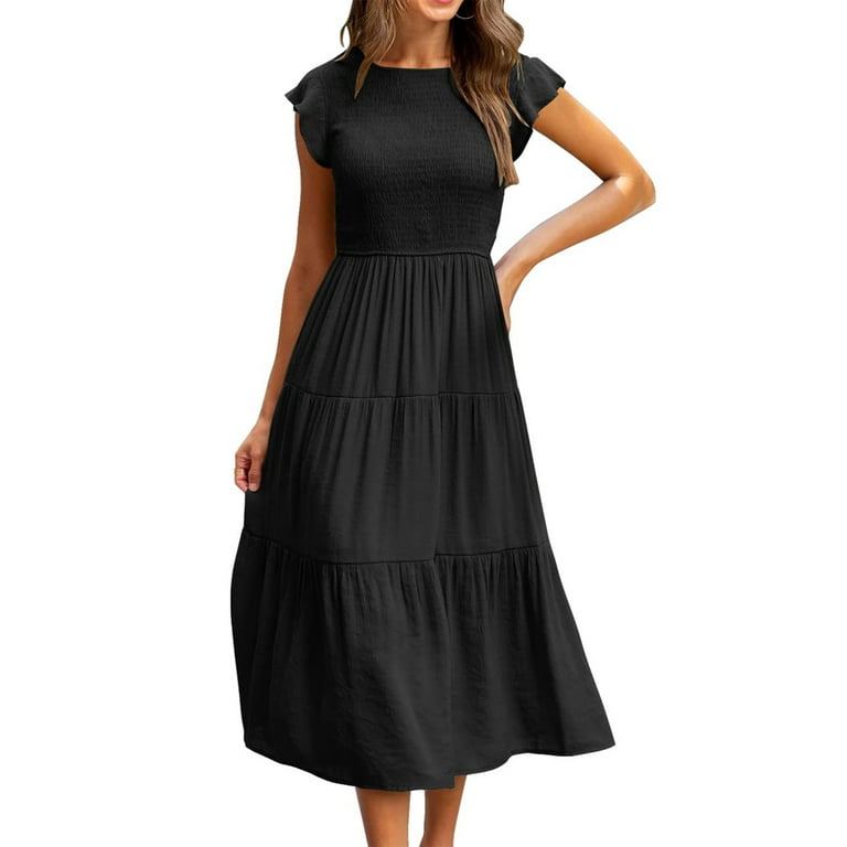 Sunisery Women's Flutter Short Sleeve Smocked Midi Dress Summer Casual  Tiered A-Line Dress Black XL 