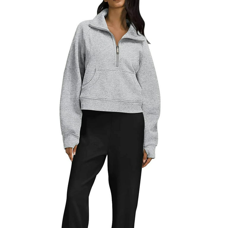 Sunisery Women's Hoodies Fleece Lined Collar Pullover 1/2 Zipper Sweatshirts  Long Sleeve Crop Tops Sweater Thumb Hole 