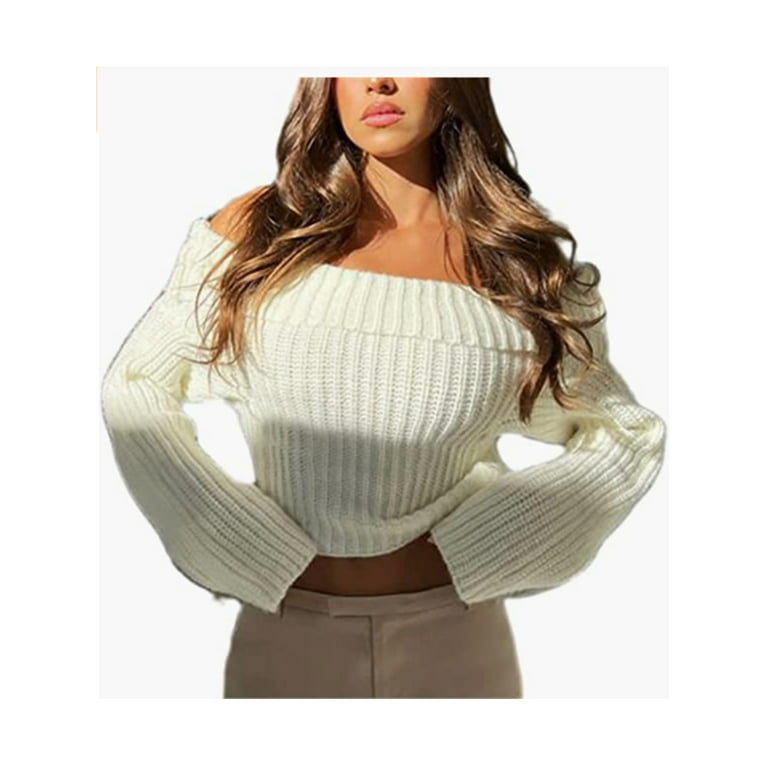 Sunisery Women s Knit Jumper Tops Casual Off Shoulder Long Sleeve Solid Color Slim Fit Sweater Autumn Winter Knitwear White L