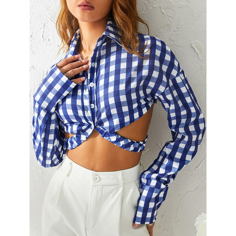 Sunisery Women s Long Sleeve Crop Tops Plaid Pattern Turn Down