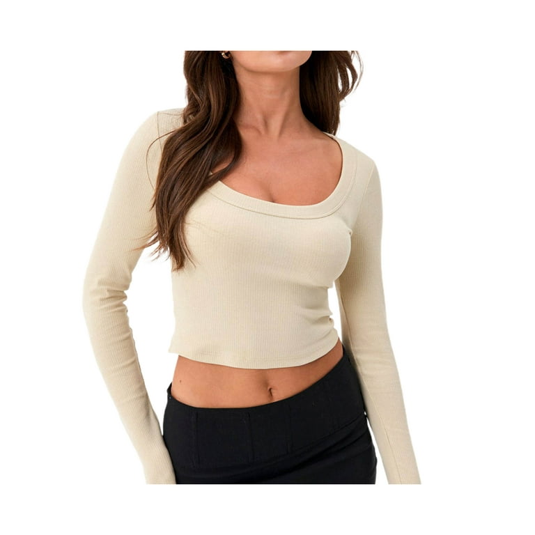Sunisery Women's Long Sleeve Ribbed Shirts Scoop Neck Bodycon T Shirt  Casual Basic Crop Top Tee 