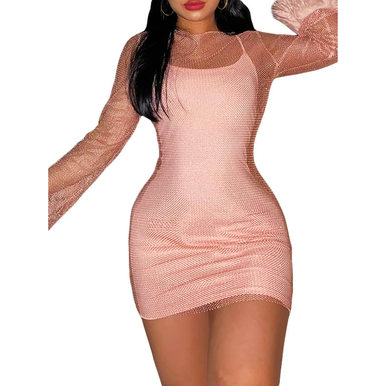 Sunisery Women's Mesh See Through Glitter Long Sleeve Slim Fit Mini Club  Party Dress