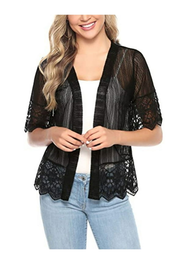 Women's Open Front Short Sleeve Cardigan Lace Patchwork Sheer Bolero Cover Up Jacket Open Front Bolero Shrugs