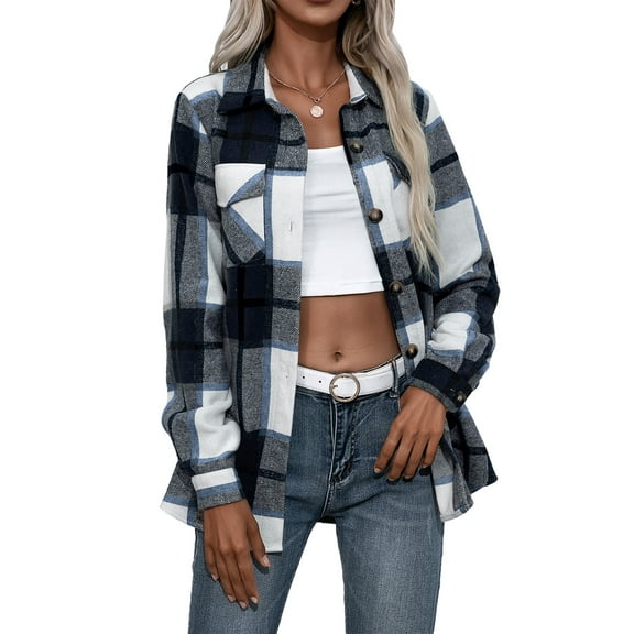 Sunisery Women's Plaid Shacket Jacket Flannel Long Sleeve Shirt Lapel Button Down Loose Coat with Pockets