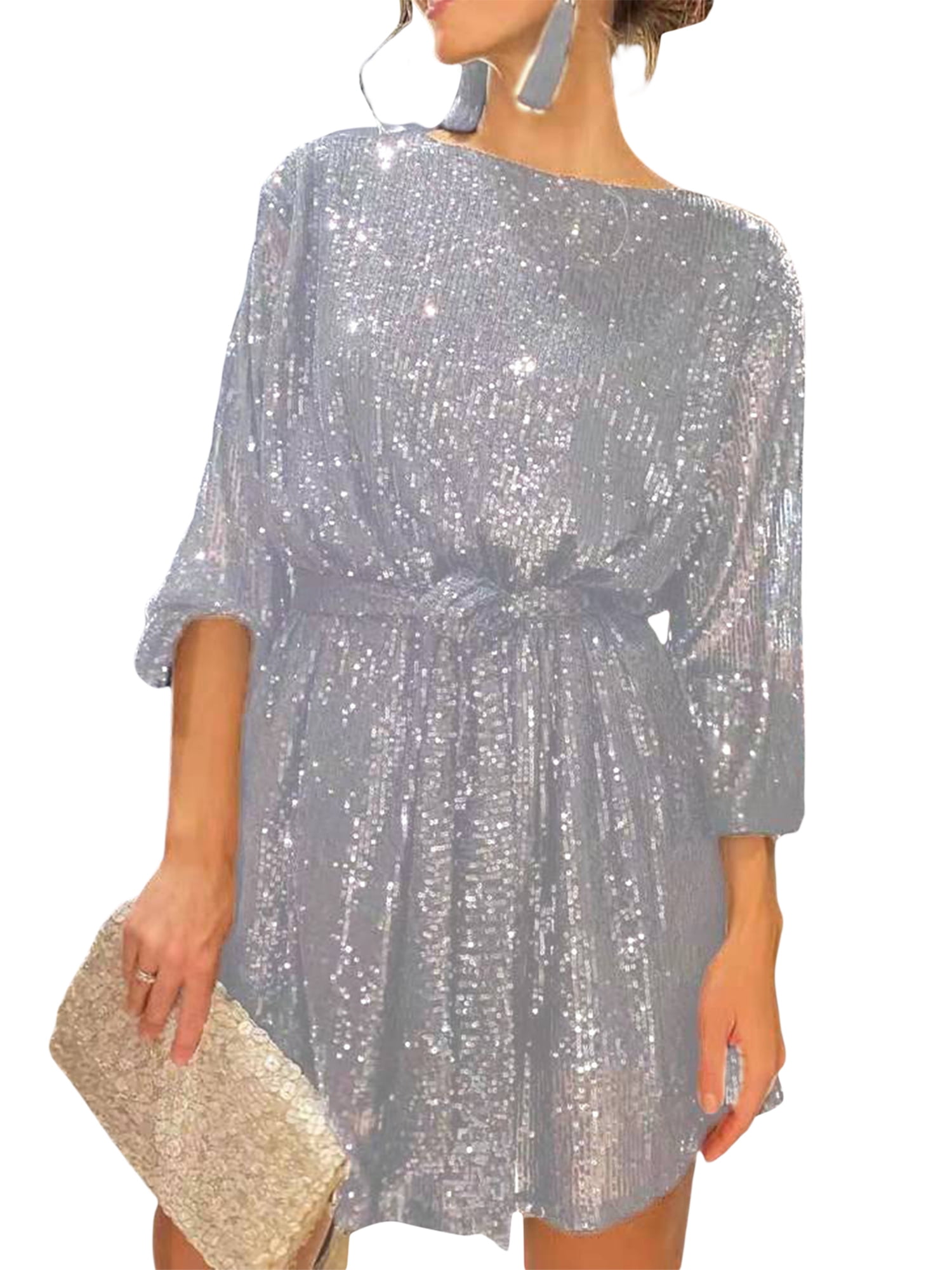 Sunisery Women's Sequin Party Dress Sparkle Long Sleeve Crew Neck Short