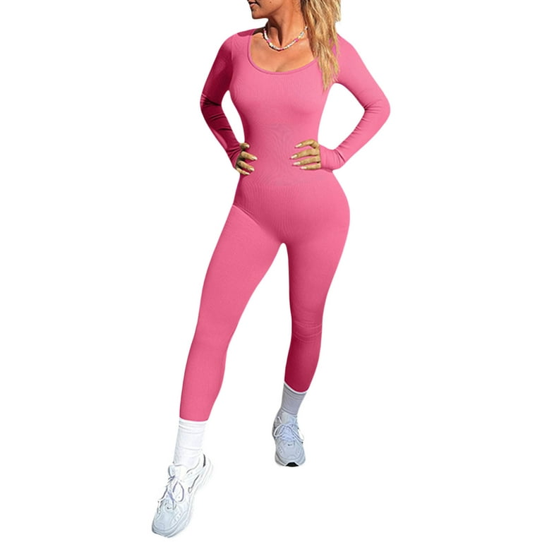 Sunisery Women's Sexy Yoga Jumpsuits Workout One Piece Bodycon Romper  Ribbed Knit Long Sleeve Bodysuit Slim Sport Playsuit 