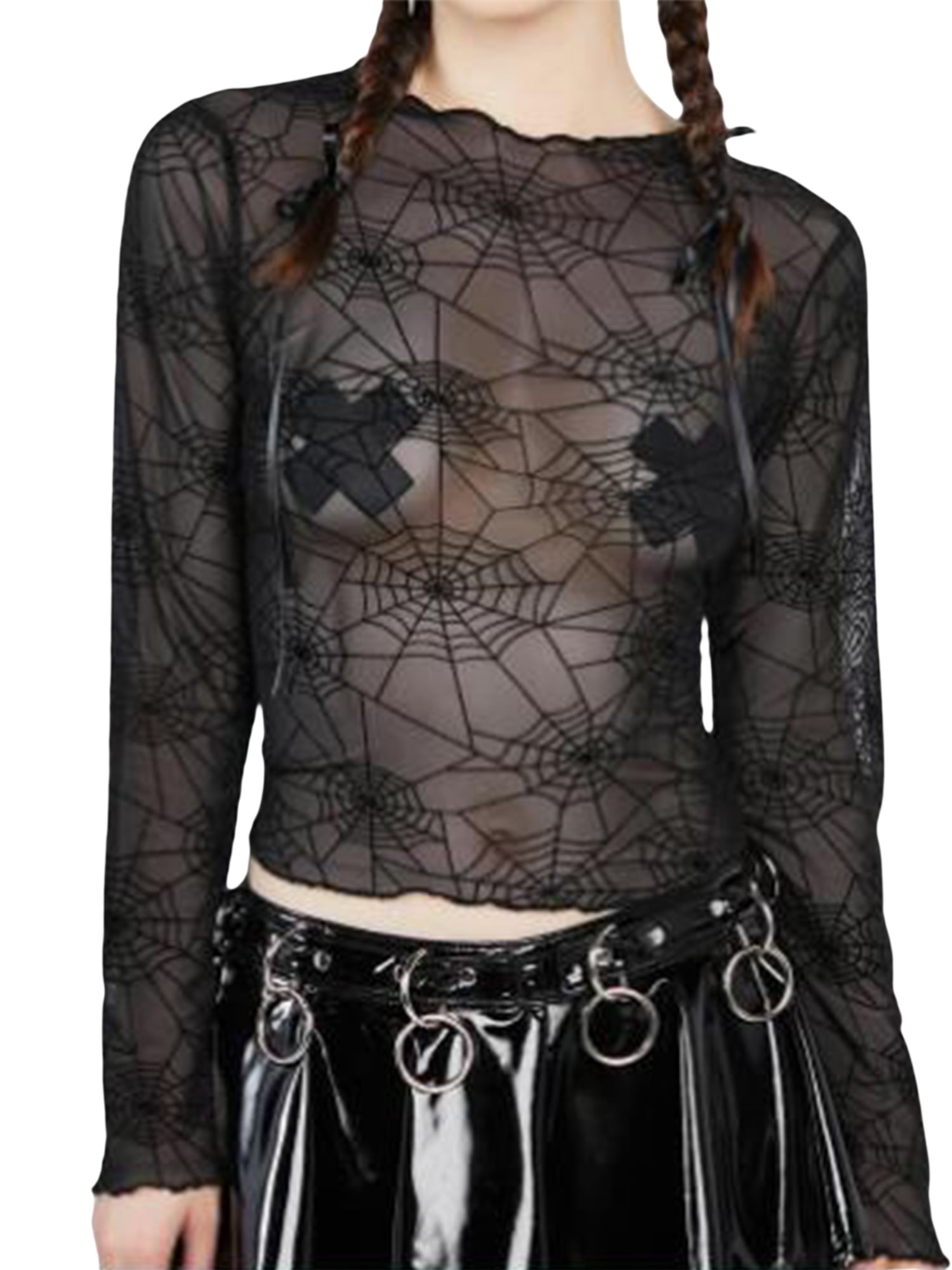 Sunisery Women's Sheer Mesh Top Grunge Y2K Top Long Sleeve Crew Neck Spider  Web Print T-Shirt Black 