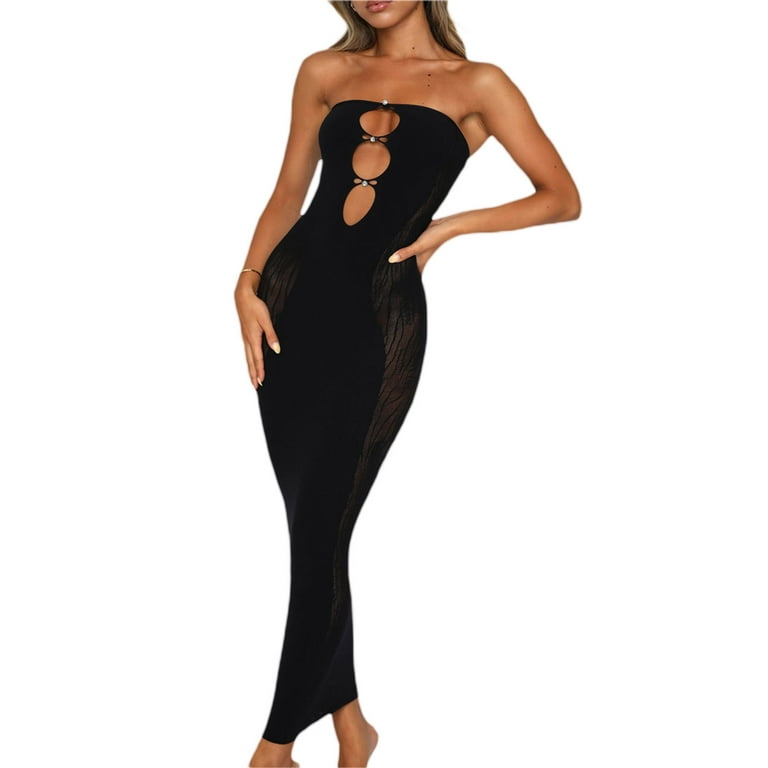 Sunisery Women's Sleeveless Cut Out Maxi Dress Strapless Backless Slim Long  Dress Halter Night Party Dress Summer Wear Black XL 