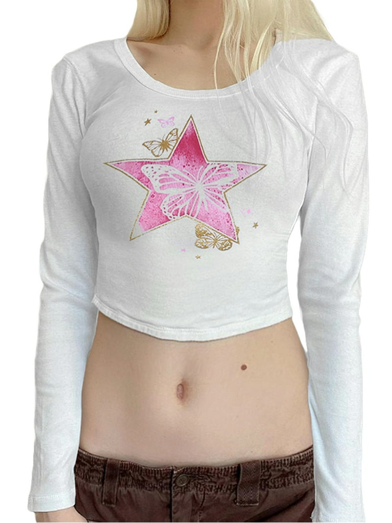 Sunisery Women's Star Print White Tee T-shirt Long Sleeve