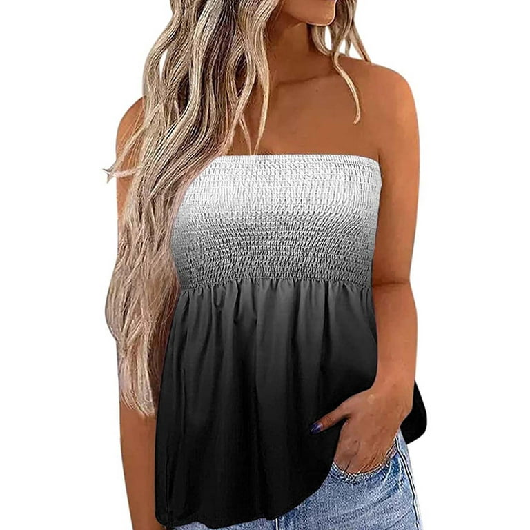 Sunisery Women's Strapless Tank Tops Sleeveless Pleated Gradient  Color/Feather/Stripe/Flower/Flag Pullover Loose Fit Tops 