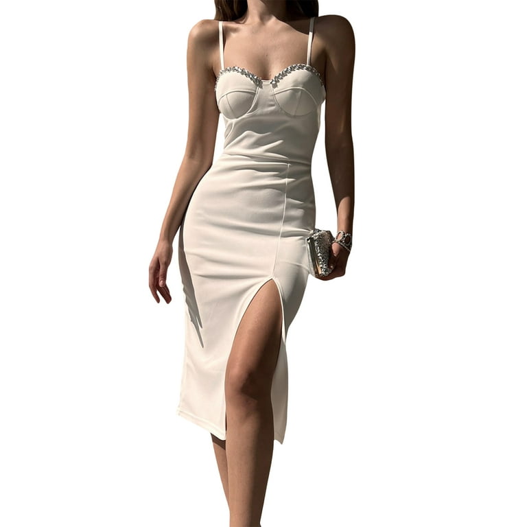 Sunisery Women's Summer Slip Dress Spaghetti Strap Rhinestone Decoration  Low Cut Slim Fit Medium Long Dress 