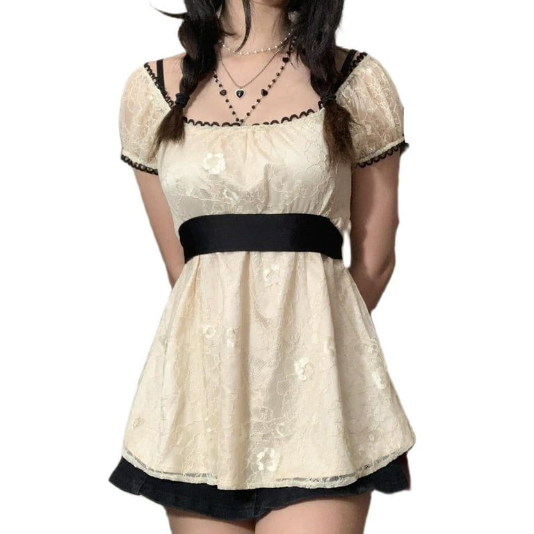 Sunisery Women's Vintage Lace Flower Dress Tops Elegant Puff Short Sleeve  Square Neck Babydoll Tunic Mini Dress White XL 