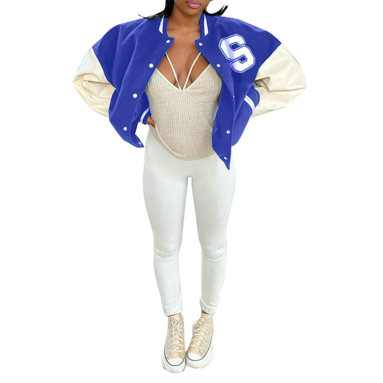 Sunisery Women's Y2K Oversized Baseball Jacket Letter Embroidery Retro Coat  Bomber Fashion Varsity Casual Jacket 