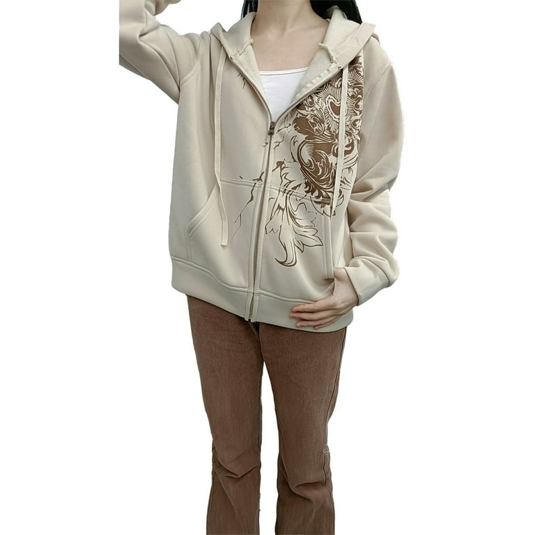 Sunisery Women's Y2K Zip Up Hoodies Teen Girl Fall Jacket Casual Oversized  Sweatshirts with Pocket 