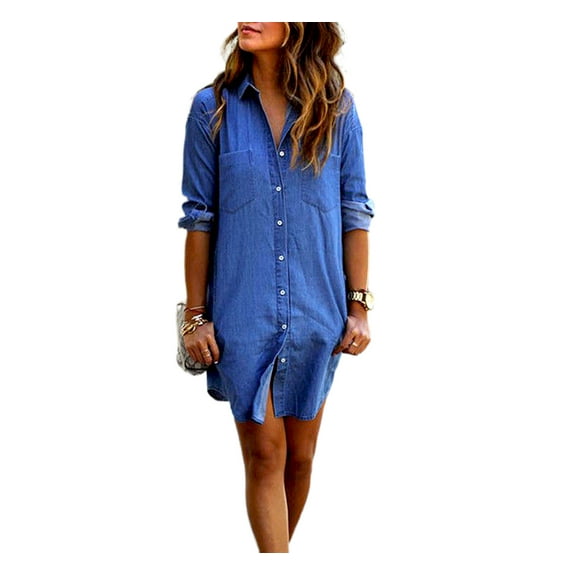 Sunisery Womens Blue Jeans Denim Summer Dress T-Shirt Long Sleeve Casual Loose Shirt Dress