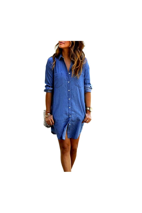 Womens Blue Jeans Denim Summer Dress T-Shirt Long Sleeve Casual Loose Shirt Dress