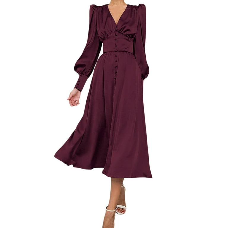 Sunisery Womens Elegant Maxi Dress Deep V-neck Satin One Piece Formal Dress for Wedding Cocktail Evening