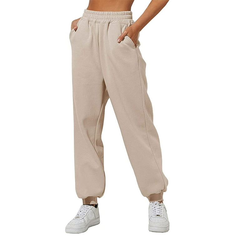 Sunisery Womens Fleece Lined Sweatpants Fall Winter Warm Joggers Elastic  High Waist Pants Autumn Trousers Apricot XL