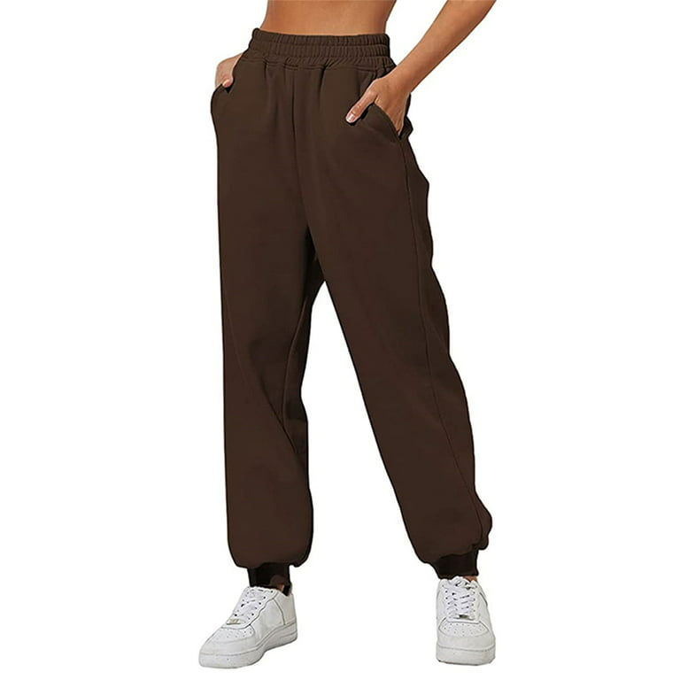 Sunisery Womens Fleece Lined Sweatpants Fall Winter Warm Joggers Elastic  High Waist Pants Autumn Trousers Brown L