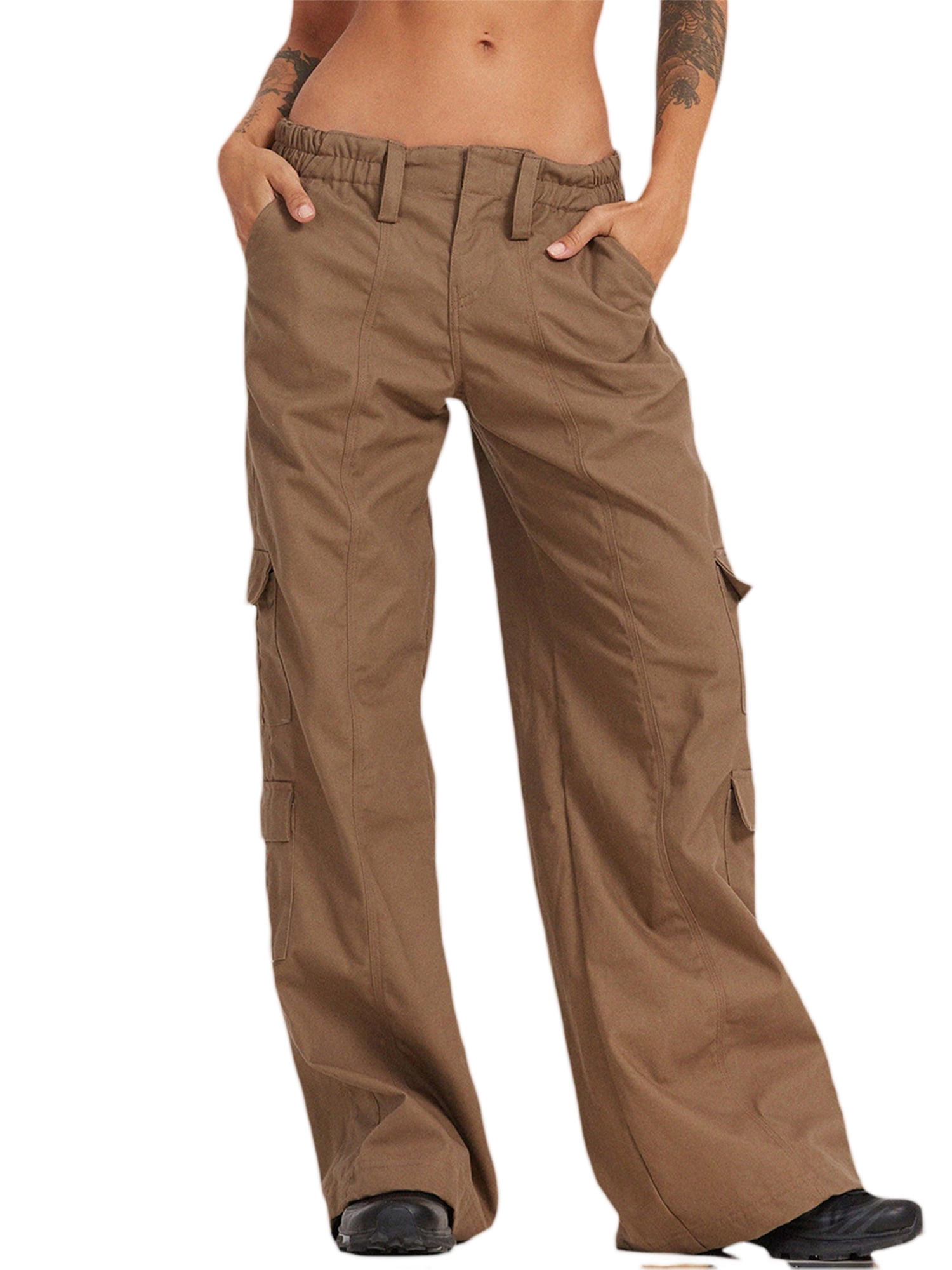 Sunisery Womens High Waist Baggy Cargo Pants Flap Pocket Relaxed Fit