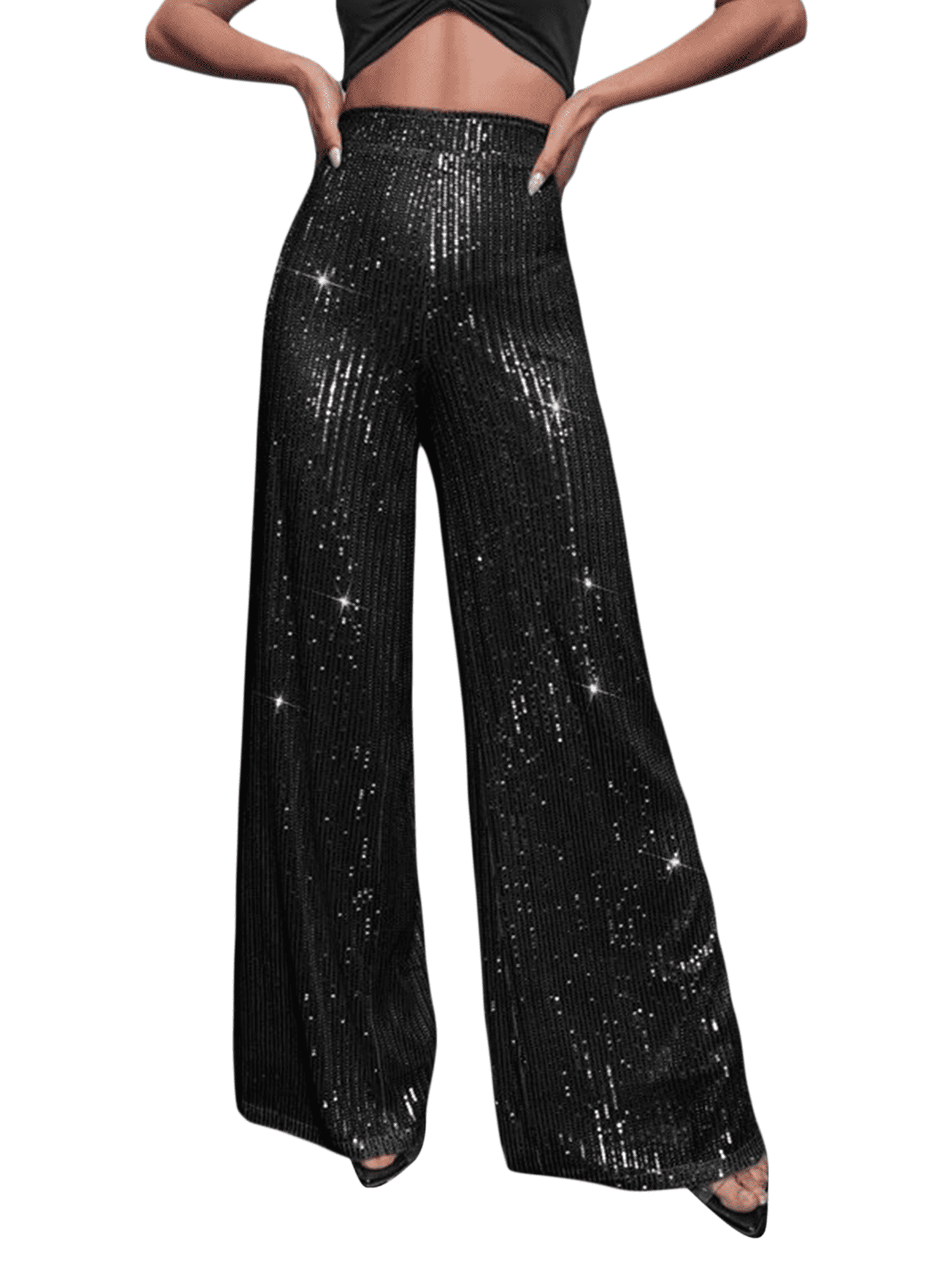 Sunisery Womens High Waist Wide Leg Sparkle Sequin Bling Glitter Elastic Loose Shiny Club Pants 4775