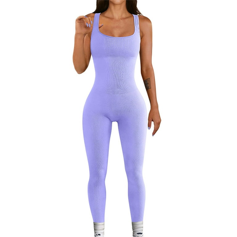Sunisery Womens Jumpsuits Sexy Square Neck Sleeveless One Piece Bodycon  Jumpsuit Workout Gym Sport Ribbed Jumpsuit Purple L 