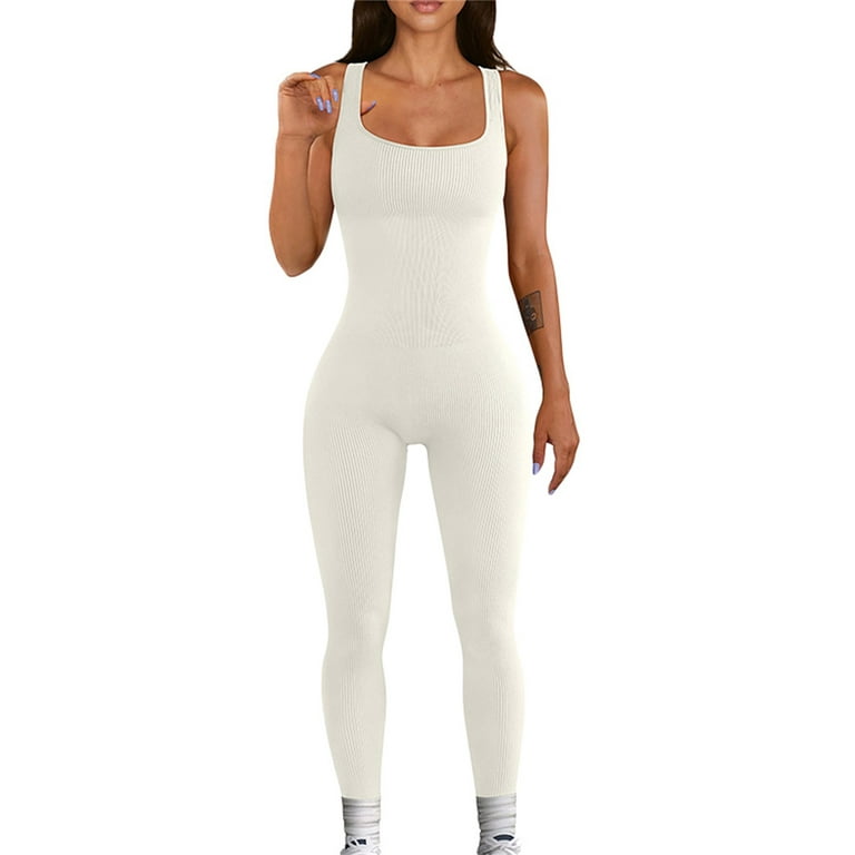 Sunisery Womens Jumpsuits Sexy Square Neck Sleeveless One Piece Bodycon  Jumpsuit Workout Gym Sport Ribbed Jumpsuit White XL 