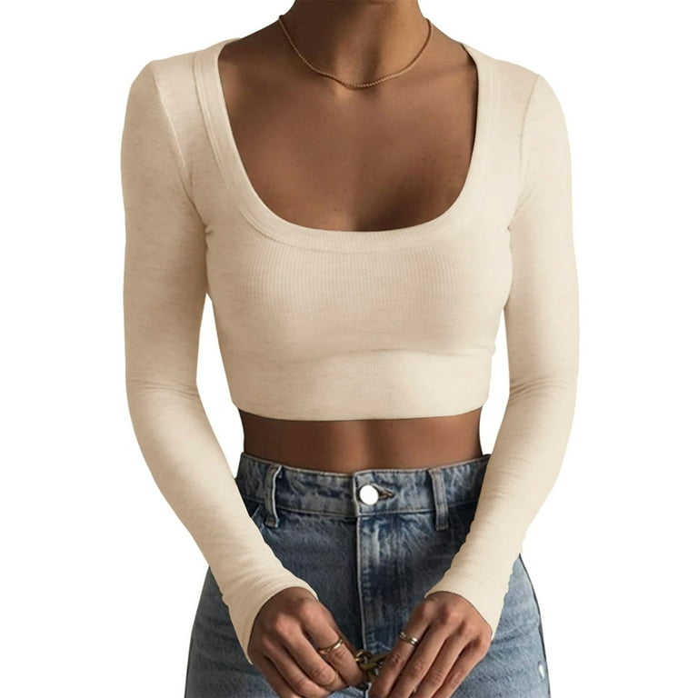 Sunisery Womens Long Sleeve Slim Fit Basic Knit Crop Top Y2k Fitted Tee  Shirt Skinny Tight T-Shirt Streetwear 
