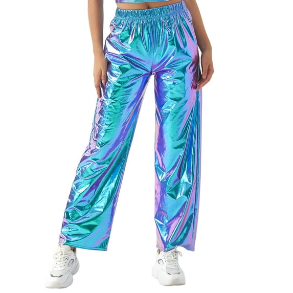 Sunisery Womens Metallic Shiny Pants Elastic Waist Solid Color Loose Hip Hop Straight Leg Trousers with Pockets Streetwear