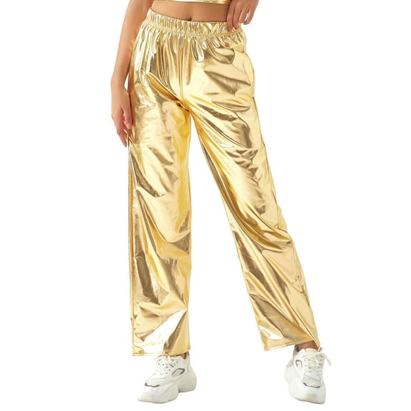 Sunisery Womens Metallic Shiny Pants Elastic Waist Solid Color Loose Hip Hop Straight Leg Trousers with Pockets Streetwear