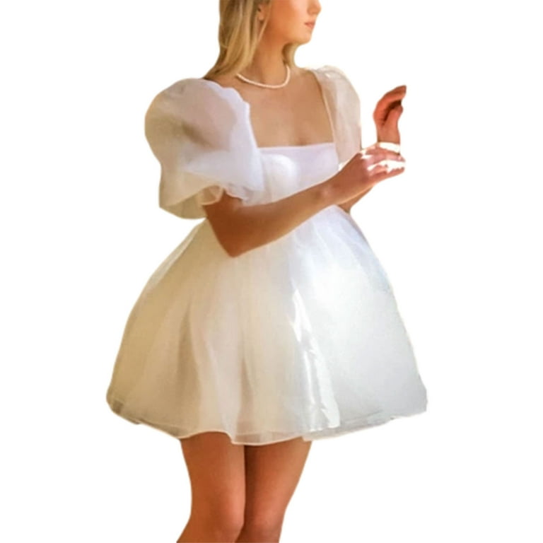 Sunisery Womens Puff Sleeve Tulle Princess Dress Romantic Off Shoulder  Flounce Square Collar Short Sleeve Mini Fairy Dress 